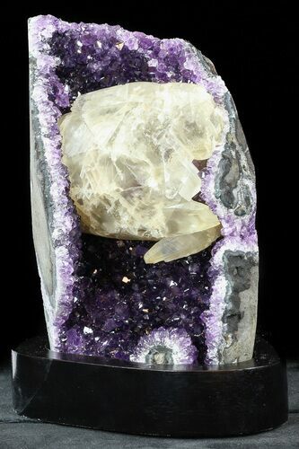 Dark Purple Amethyst Cluster with Calcite On Wood Base #50068